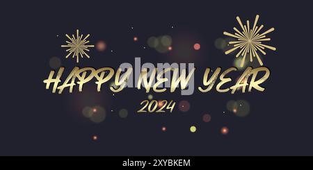Happy New Year 2024 Konzepte für Feiern Banner, goldene Bänder auf verlaufendem blauem Hintergrund mit Grußposter isoliert über schwarzem Hintergrund Stock Vektor