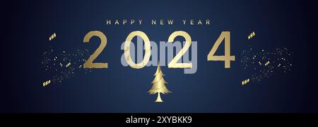 Happy New Year 2024 Konzepte für Feiern Banner, goldene Bänder auf verlaufendem blauem Hintergrund mit Grußposter isoliert über schwarzem Hintergrund Stock Vektor