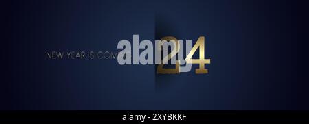 Happy New Year 2024 Konzepte für Feiern Banner, goldene Bänder auf verlaufendem blauem Hintergrund mit Grußposter isoliert über schwarzem Hintergrund Stock Vektor