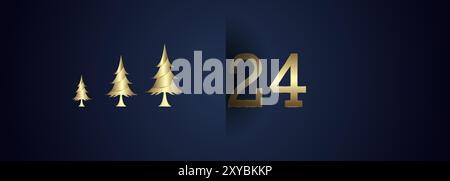 Happy New Year 2024 Konzepte für Feiern Banner, goldene Bänder auf verlaufendem blauem Hintergrund mit Grußposter isoliert über schwarzem Hintergrund Stock Vektor