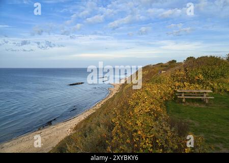 Hundested, Dänemark auf der Klippe mit Blick auf das Meer. Ostseeküste, grasbewachsene Wiese, Strand. Wolken am Horizont. Landschaftsfoto aus Skandinavien Stockfoto