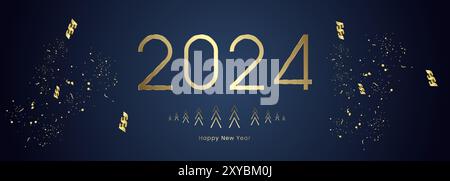Gold-2024-Zahl mit Bändern auf dunkelblauem Hintergrund, Grußkarten-Konzeptvektor, Illusion. Und Ein Banner von 2024 Happy New Year mit Gold Stock Vektor