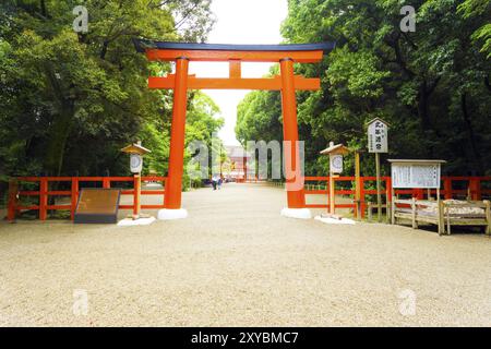 Breiter Schotterweg, der am hellroten Torii-Tor zum Shimogamo oder früher als Kamo Mioya Jinja shinto-Schrein bekannt ist, einer der ältesten in Kyot Stockfoto