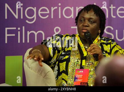 Ikeja, Nigeria. August 2024. Olapeju Ibekwe, Chief Executive Officer der Sterling One Foundation, antwortet auf Kommentare während der British Council Film Lab Africa Session beim Nigerian International Film and TV Summit, der am 28. August 2024 im Legend Hotel in Ikeja, Lagos, Nigeria stattfand. (Foto: Adekunle Ajayi) Credit: NurPhoto SRL/Alamy Live News Stockfoto