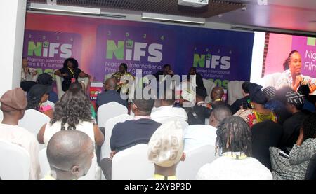 Ikeja, Nigeria. August 2024. Die Teilnehmer hören während der British Council Film Lab Africa Session auf dem Nigerian International Film and TV Summit in Ikeja, Lagos, Nigeria, am 28. August 2024. (Foto: Adekunle Ajayi) Credit: NurPhoto SRL/Alamy Live News Stockfoto