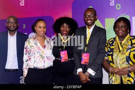 L-R: Chilufya Besa, Stellvertretender Landesdirektor, Nigeria British Council; Ijeoma Onah, Chief Executive Officer, Nigerian International Film and TV Summit; Brenda Fashugba, Head of Arts, Nigeria/Regional Head, Creative Economy, British Council; Olasunkanmi Adebayo, Lead Partner, Film Lab Africa; und Olapeju Ibekwe, Chief Executive Officer der Sterling One Foundation während der British Council Film Lab Africa Session beim Nigerian International Film and TV Summit in Ikeja, Lagos, Nigeria, am 28. August 2024. (Foto von Adekunle Ajayi)0 Stockfoto