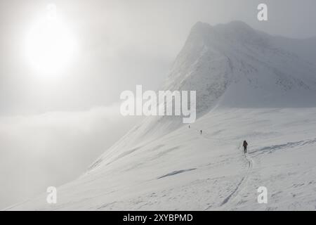 Drei Skitourenfahrer bei stürmischem Wetter auf einem Gletscher im Stuor Reaiddavaggi-Tal, Kebnekaisefjaell, Norrbotten, Lappland, Schweden, März 2013, Europa Stockfoto