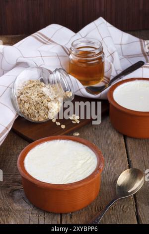 Hausgemachter griechischer Joghurt in Tontopf wie traditionell mit Honig, Haferflocken und Leinsamen Stockfoto