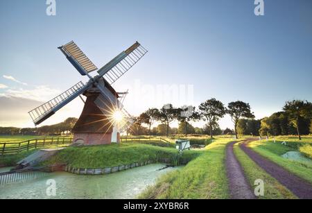 Morgensonne hinter der niederländischen Windmühle, Holland Stockfoto