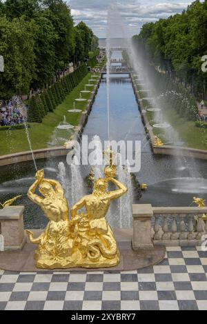 Goldene Statuen in einem herrlichen Brunnen mit Wasserfontänen und einer langen Wasserachse im Garten, sankt petersburg, ostsee, russland Stockfoto