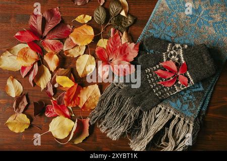 Handschuhe, Schal und herbstliches Laub auf einer dunklen Tabelle von oben gesehen Stockfoto