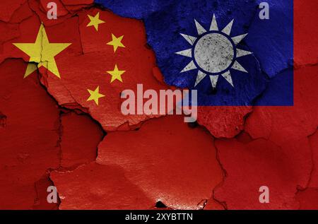 Flaggen von China und Taiwan auf gerissene Wand gemalt Stockfoto