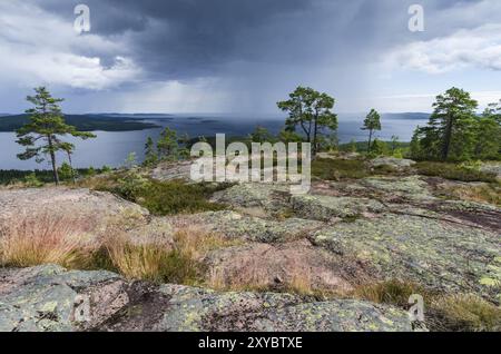 Regenschauer über dem Bottnischen Golf, Skuleskogen-Nationalpark, Hoega Kusten-Weltkulturerbe, Vaesternorrland, Schweden, Juli 2012, Europa Stockfoto