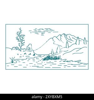 Hipster Mountain Hill mit Lake River Creek Swamp Landschaft View Line Outline Style Illustration Vektor Stock Vektor