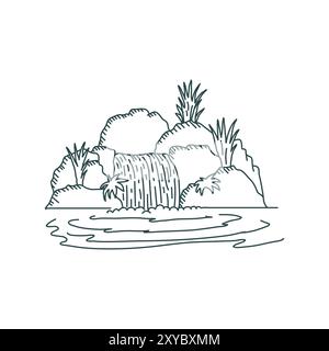 Hipster Fischteich mit Wasserfallgarten und Stein Illustration Vektor Stock Vektor