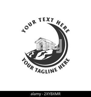 Vintage Retro Holzhütte Chalet Cottage Lodge mit Nachtmond Mond für Outdoor Abenteuer Illustration Logo Vektor Stock Vektor