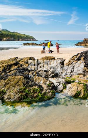 Urlauber, die sich am GT Great Western Beach bei Ebbe in Newquay in Cornwall in Großbritannien entspannen. Stockfoto