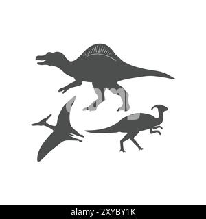 Set von Dinosauriern, Spinosaurus, Pteranodon und Parasaurolophus Silhouette Icon Illustration Vektor Stock Vektor