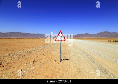 Schild Zebras überqueren Sie einen Schotterweg im Namibrand Nature Reserve in Namibia Stockfoto