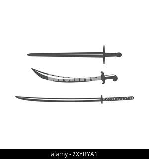 Set von Klinge, Europa Wikinger Langsschwerter, Arabian Scimitar und japanischem Samurai Katana. Vektorillustration Design Stock Vektor