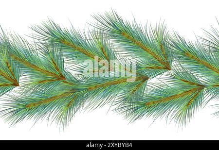 Kiefernäste auf nahtlosem Aquarellrand isoliert auf weiß. Botanischer Weihnachtshintergrund. Nadelbaumzweige durch wiederholtes Muster, Stockfoto