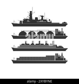 Set von Schiff, Kriegsschiff, Tanker, Frachtschiff und Yacht. Isoliertes Schiff auf weißem Hintergrund. Symbol Illustration Vektor Stock Vektor