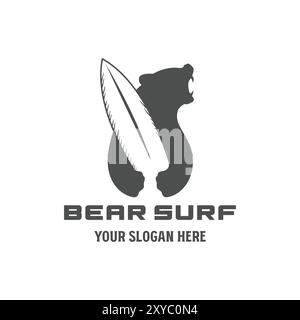 Vintage Retro Angry Bear Hold Surfbrett für Surfen Sport Club Logo Design Vektor Stock Vektor