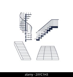 Isoliertes Set aus Wendeltreppe, Teppich Marmortreppe und Holzstein- oder Metalltreppe. Vektorabbildung Stock Vektor