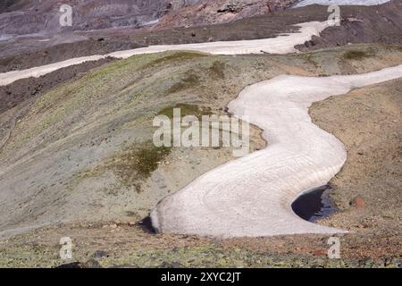 Berglandschaft, felsiges Bett aus schmelzendem Gletscher mit gefrorenem Schmelzwassersee Stockfoto