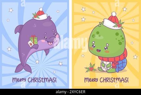 Weihnachtsschildkröte und Delfin mit Geschenken in Weihnachtsmütze mit stechpalme. Vertikale Weihnachtsplakate mit festlichen lustigen Zeichentrickfiguren. Vektorillustratio Stock Vektor