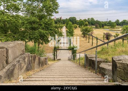 Gelsenkirchen, Nordrhein-Westfalen, Deutschland, 25. Juli 2018: Treppen, die zu einem Fußweg durch eine geröstete Wiese im Nordsternpark führen Stockfoto