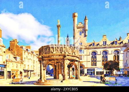 Aberdeen, Schottland - das Market Cross oder Mercat Cross in der Castle Street. Dahinter befinden sich einige der Granitgebäude, für die die Stadt berühmt ist. Wasser Stockfoto