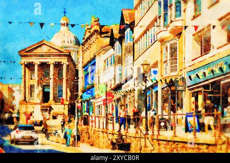 Penzance, Cornwall - Market Jew Street, die Haupteinkaufsstraße in Penzance, voller Menschen an einem sonnigen Frühlingstag. Aquarellverfahren. Stockfoto