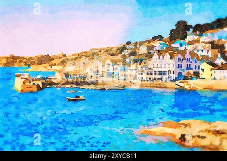 St Mawes, Roseland Peninsula, Cornwall, Großbritannien - das beliebte Dorf St Mawes, Aquarellverfahren. Stockfoto