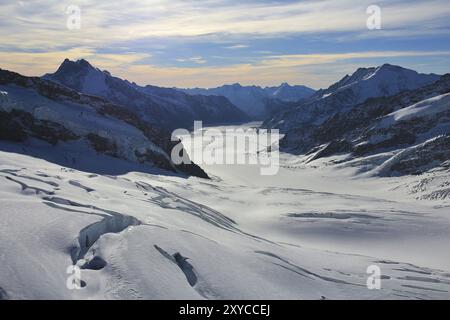 Aletschgletscher und Berge. Blick vom Jungfraujoch, Schweiz, Europa Stockfoto