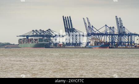 Felixstowe, Suffolk, England, Vereinigtes Königreich, 28. Mai, 2017: der Hafen von Felixstowe mit einigen Kränen, Containern und einem Containerschiff Stockfoto