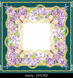 Aquarellmuster für Seidenschal und Textildruck. Design von Halstuch oder Bandana. Frühlingsblumen Flieder, Schmetterlinge und goldene Kinderketten. B Stockfoto