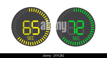 Timer-Set. Zeitdiagramm für die volle Drehung des Pfeilschalters von 5 Sekunden oder Minuten bis 60. Farbige flache Symbole. Moderne Vektorillustration flacher Stil Stock Vektor