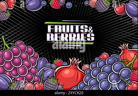 Vektor Beeren Illustration mit Kopierraum für Anzeigetext, dekorative Vorlage mit Zeichentrickdesign rot und lila Beere Komposition, horizontaler Beleg Stock Vektor