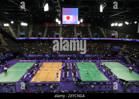 Paris, Frankreich. August 2024. Allgemeine Ansicht Badminton : während der Paralympischen Spiele in Paris 2024 in der Porte de La Chapelle Arena in Paris, Frankreich . Quelle: Naoki Morita/AFLO SPORT/Alamy Live News Stockfoto