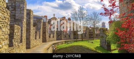 Gent, Belgien, Innenhof von Gravensteen oder Burg der Grafen, Frühlingsbäume Banner Panorama, Europa Stockfoto