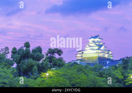 Burg Himeji-Jo während eines farbenfrohen Sonnenuntergangs an einem typischen Sommerabend in Himeji, Japan, nach 2015 Renovierungsarbeiten beendet. Horizontaler Kopierbereich Stockfoto