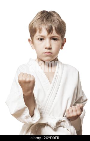 Kampfsportart, kleiner Junge im weißen Kimono-Training Karatepunch Stockfoto