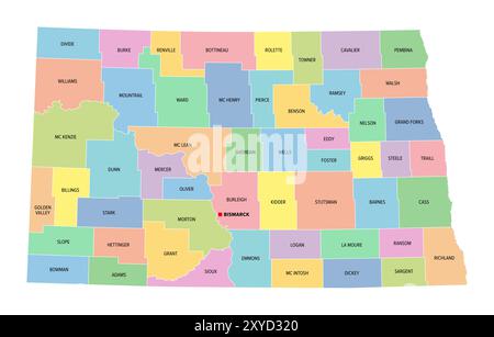 North Dakota, US-Bundesstaat, unterteilt in 53 Countys, mehrfarbige politische Karte mit seiner Hauptstadt Bismarck, mit Grenzen und County-Namen. Stockfoto