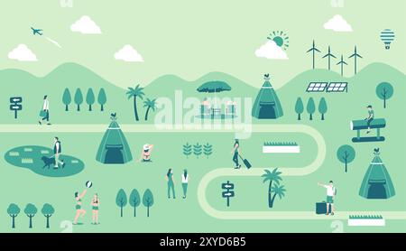 Horizontale Banner-Illustration mit Outdoor- und Urlaubsmotiven Stock Vektor