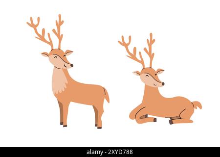 Rentier flache Zeichentrickgrafik. Niedliche Tierhirsche stehen und sitzen. Isoliertes Objekt. Waldkindtier für Dekoration, Grußkarte. Stock Vektor