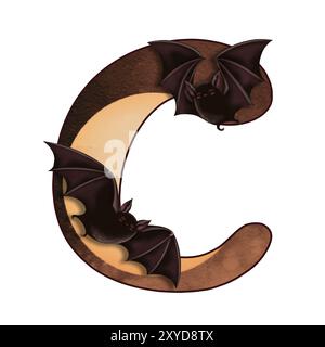 Letter C Halloween-Kritzelillustration mit Fledermaus und Mond im Cartoon-Stil. Handgezeichnetes dunkelbraunes Alphabet. Isolierte Zeichnung perfekt für Herbstschriftarten Stockfoto