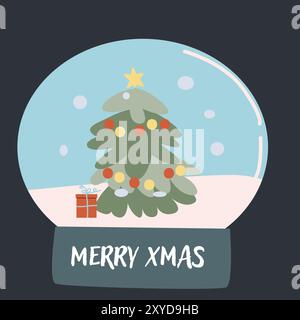 Niedliche Weihnachtsgrußkarte mit Schneeballkugel aus Glas und festlicher Dekoration. Handgezeichnete Vektorgrafik. Flaches Design. Stock Vektor