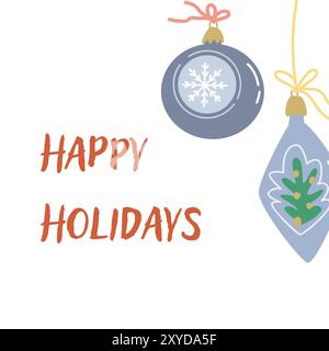 Süße Weihnachtsgrußkarte mit kunstvoller Kugel und festlicher Dekoration. Handgezeichnete Vektorgrafik. Flaches Design. Stock Vektor