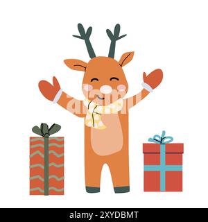 Kinder niedliche Weihnachtshirsch-Figur, lächelnde Person mit Geschenk. Happy Holidays Konzept Design. Weihnachten und Silvester Flat Cartoon Feier Fee Cha Stock Vektor